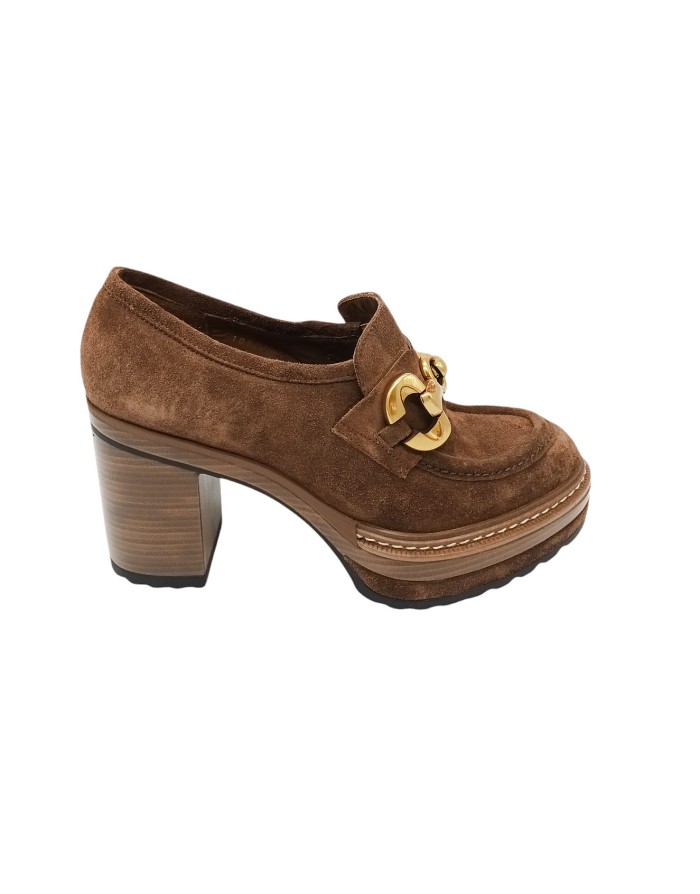 PONS QUINTANA 10073 OLIVIA, MOCASSINO CON MORSETTO DORATO, TOMAIA IN CAMOSCIO INGRASSATO COLORE MARRONE, FONDO GOMMA CON GUARDO