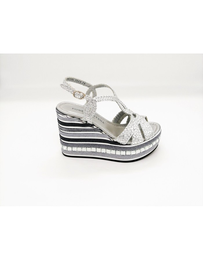 PONS QUINTANA 7005 PARMA SANDALO INTRECCIO CHARLESTON COLORE ARGENTO, FONDO  ZEPPA 10 CM FASCIATA CON PIETRE E CORDA