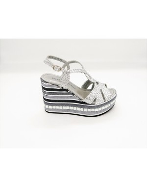 PONS QUINTANA 7005 PARMA SANDALO INTRECCIO CHARLESTON COLORE ARGENTO, FONDO  ZEPPA 10 CM FASCIATA CON PIETRE E CORDA