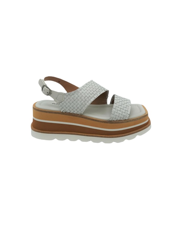 RAHYA GREY IRON3, SANDALO DUE FASCE  IN VITELLO INTRECCIATO COLORE MILK, ZEPPA MICRO BICOLOR 6CM