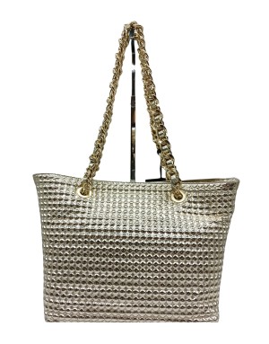 RECICLA BORSA SHOPPING MEDIA IN MATERIALE RECICLATO IN VERNICE PLATINO, DUE MANICI LUNGHI A CATENA  COLORE ORO E TRACOLLA REGOL