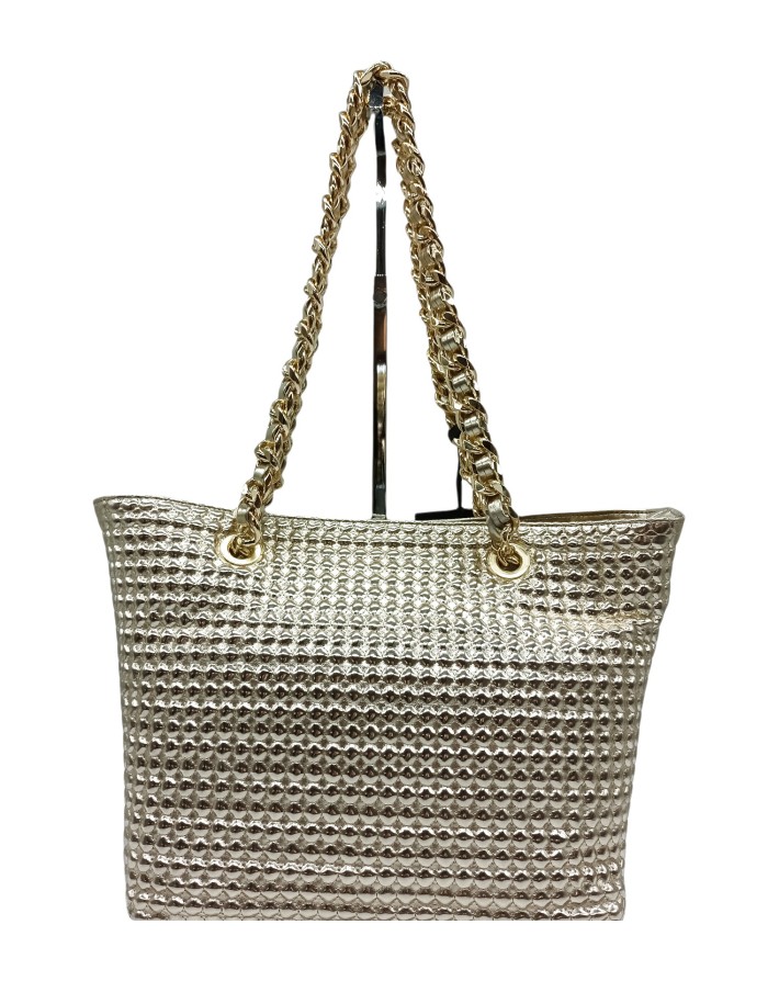 RECICLA BORSA SHOPPING MEDIA IN MATERIALE RECICLATO IN VERNICE PLATINO, DUE MANICI LUNGHI A CATENA  COLORE ORO E TRACOLLA REGOL