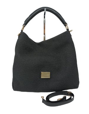 ROBERTO FESTA BIANCA, BORSA GRANDE IN TESSUTO LUX CANESTRO E VITELLO COLORE NERO, MANICO E TRACOLLA STACCABILE REGOLABILE