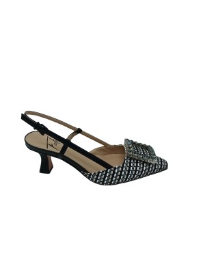 ROBERTO FESTA STEFI, CHANEL IN VITELLO COLORE NERO E TESSUTO INTRECCIO NERO/MULTI, ACCESSORIO CON STRASSE CRISTAL/FUME',FONDO C