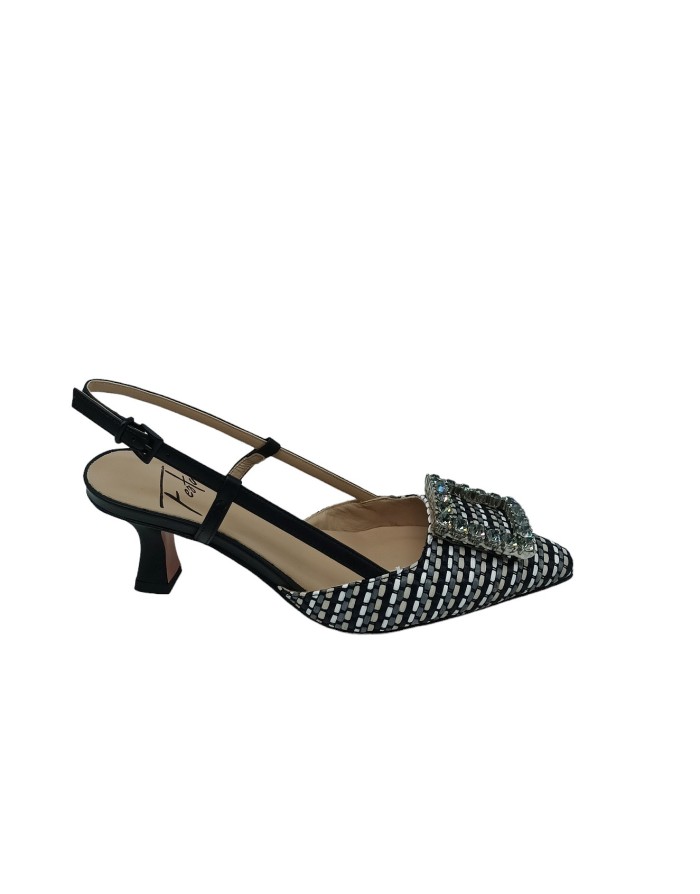 ROBERTO FESTA STEFI, CHANEL IN VITELLO COLORE NERO E TESSUTO INTRECCIO NERO/MULTI, ACCESSORIO CON STRASSE CRISTAL/FUME',FONDO C