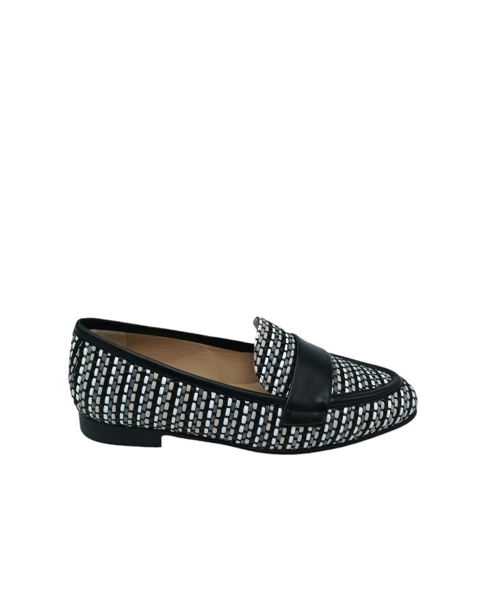 ROBERTO FESTA TULIP, MOCASSINO IN VITELLO COLORE NERO E TESSUTI INTRECCIO NERO/MULTI, FONDO CUOIO CON INSERTO GOMMA, TACCO 2CM