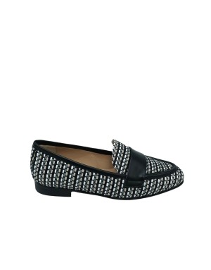 ROBERTO FESTA TULIP, MOCASSINO IN VITELLO COLORE NERO E TESSUTI INTRECCIO NERO/MULTI, FONDO CUOIO CON INSERTO GOMMA, TACCO 2CM