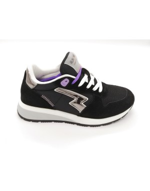 RUN 2 ME RACER, SNEAKER LACCI IN CAMOSCIO E TESSUTO TECNICO COLORE NERO CON LOGO SPECCHIO, FONDO GOMMA 3CM