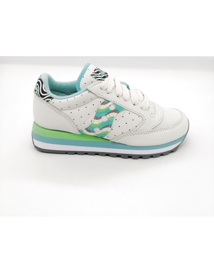 SAUCONY JAZZ TRIPLE S60497-1 SNEAKER LACCI IN VITELLO E TESSUTO RETATO COLORE BIANCO CON PROFILI CELESTE E VERDE, FONDO MICRO