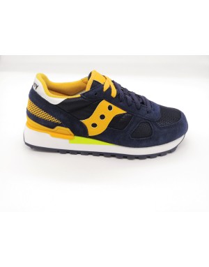 SAUCONY SHADOW'0 S2108-743 SNEAKER LACCI IN CAMOSCIO E TESSUTO RETATO COLORE NAVY BLU/NOTTE CON RIPORTI GIALLI,FONDO MICRO