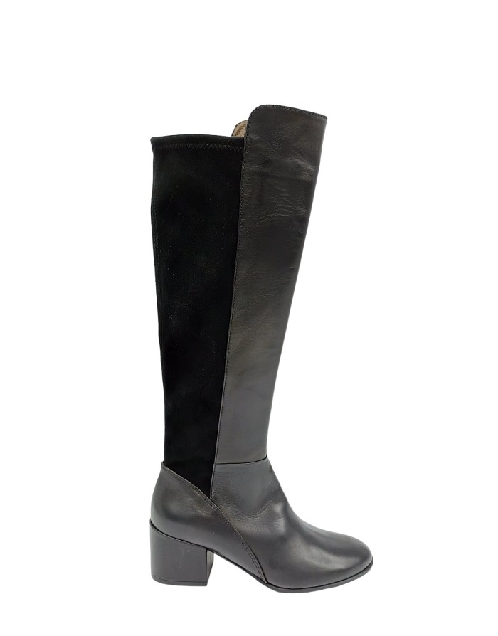 STATUS S6511, STIVALE IN NAPPA NERA CON GAMBALE POSTERIORE IN CAMOSCIO ELASTICIZZATO, LAMPO LATERALE, TACCO FASCIATO 5CM, FONDO