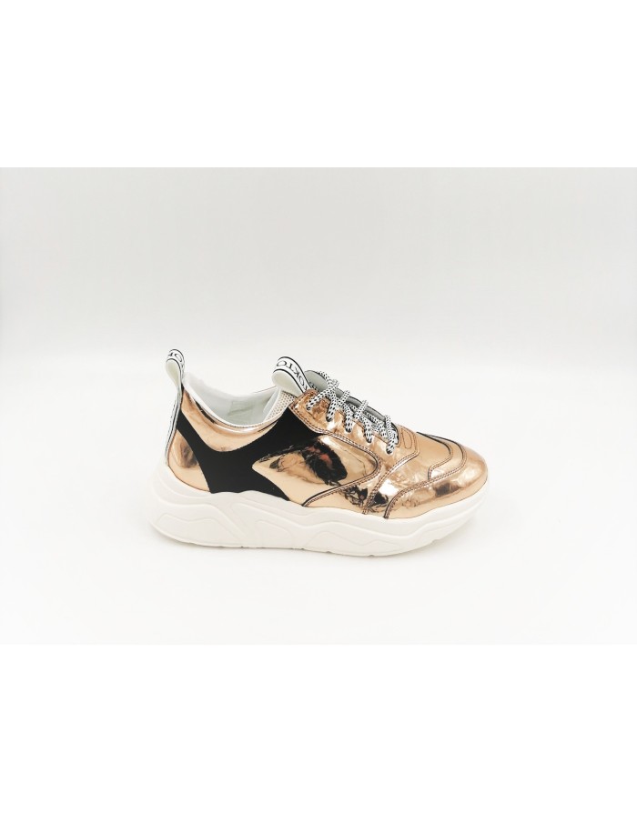 STOKTON 33-D SNEAKER LACCI DONNA, TOMAIA IN VITELLO LAMINATO COLOR CHAMPAGNE E NABUK NERO, FONDO GOMMA 4,5CM