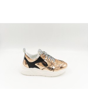 STOKTON 33-D SNEAKER LACCI DONNA, TOMAIA IN VITELLO LAMINATO COLOR CHAMPAGNE E NABUK NERO, FONDO GOMMA 4,5CM