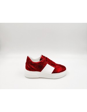 STOKTON 532-D SNEAKER LACCI DONNA IN VITELLO LAMINATO ROSSO CON BANDA LATERALE IN VITELLO BIANCO, FONDO GOMMA EXTRA LIGHT 4 CM
