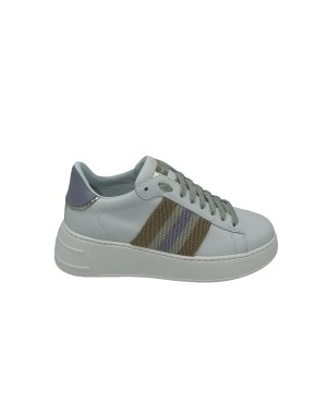 STOKTON 871-D, SNEAKER LACCI IN VITELLO COLORE BIANCO CON BANDA LATERALE IN MAGLINA MULTICOLOR, TOPPONCINO LILLA, FONDO GOMMA 5