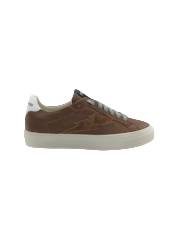 STOKTON BLAZE-U SNEAKER LACCI IN VITELLO COLORE CUOIO/MARRONE CON TOPPONCINO BIANCO, FONDO GOMMA, LACCIO GRIGIO