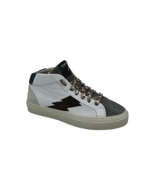 STOKTON BOLT-U, SNEAKER MID IN VITELLO COLORE BIANCO CON PUNTINA SCAMOSCIATA GRIGIA E RIPORTI LATERALI T.MORO, FONDO GOMMA