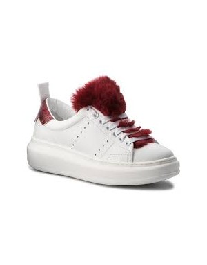 STOKTON BURMA VITELLO BIANCO /FUR BORDO' SNEAKER LACCI TOMAIA VITELLO BIANCO CON LINGUETTA PELLICCIA BORDEAUX FONDO ZEPPA GOMMA