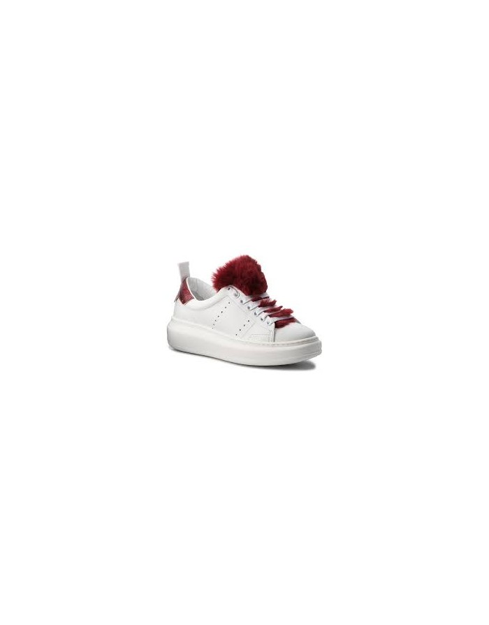 STOKTON BURMA VITELLO BIANCO /FUR BORDO' SNEAKER LACCI TOMAIA VITELLO BIANCO CON LINGUETTA PELLICCIA BORDEAUX FONDO ZEPPA GOMMA