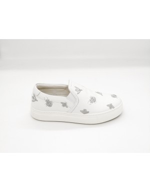 STOKTON ROLLER SLIP-ON IN VITELLO COLORE BIANCO CON RICAMII IN COLORE ARGENTO , FONDO GOMMA 3,5 CM