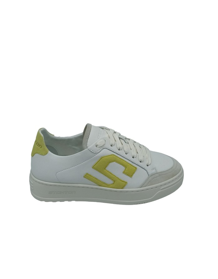 STOKTON S-ONE-D, SNEAKER LACCI IN VITELLO  COLORE BIANCO CON S LATERALE E TOPPONCINO IN CAMOSCIO GIALLO/LIME, FONDO GOMMA
