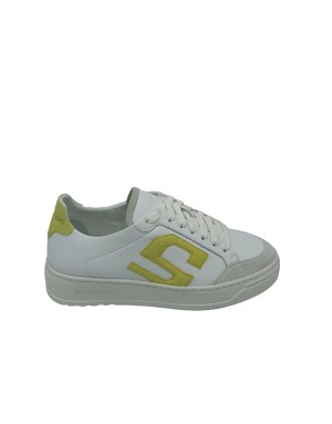 STOKTON S-ONE-D, SNEAKER LACCI IN VITELLO  COLORE BIANCO CON S LATERALE E TOPPONCINO IN CAMOSCIO GIALLO/LIME, FONDO GOMMA