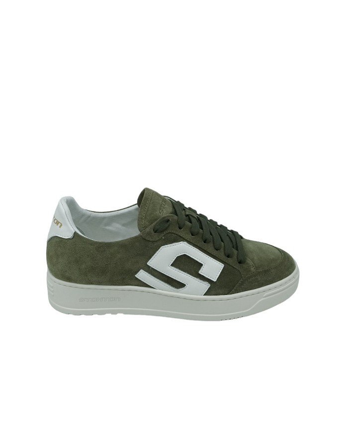 STOKTON S-ONE-U, SNEAKER LACCI IN CAMOSCIO COLORE FORESTA CON TOPPONCINO E S LATERALE IN VITELLO BIANCO, FONDO GOMMA