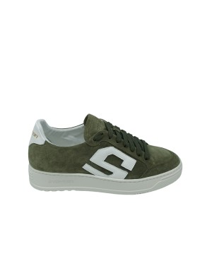 STOKTON S-ONE-U, SNEAKER LACCI IN CAMOSCIO COLORE FORESTA CON TOPPONCINO E S LATERALE IN VITELLO BIANCO, FONDO GOMMA