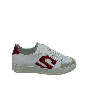 STOKTON S-ONE-U, SNEAKER LACCI IN VITELLO  COLORE BIANCO CON S LATERALE E TOPPONCINO IN CAMOSCIO ROSSO, FONDO GOMMA