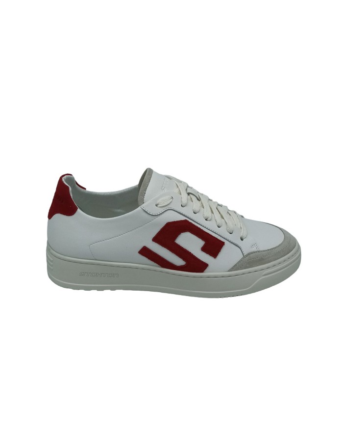 STOKTON S-ONE-U, SNEAKER LACCI IN VITELLO  COLORE BIANCO CON S LATERALE E TOPPONCINO IN CAMOSCIO ROSSO, FONDO GOMMA
