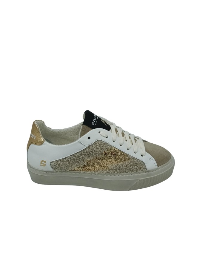 STOKTON SNEAKER LACCI  IN VITELLO,CAMOSCIO E LANA COLORE BIANCO/BEIGE, TOPPONCINO E LOGO LATERALE DORATI, FONDO GOMMA 3CM