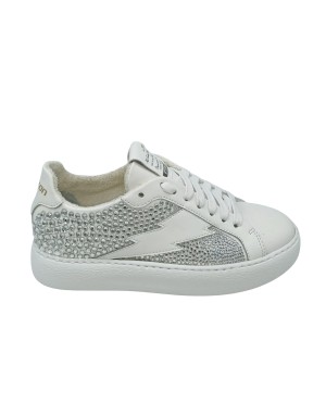 STOKTON SNEAKER LACCI IN VITELLO COLORE BIANCO CON LATERALE STRASSATO CRISTAL, FONDO GOMMA EXTRA LIGHT 3CM