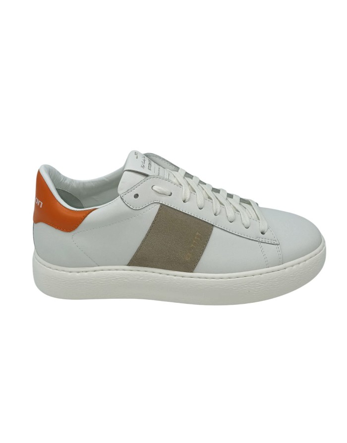 STOKTON SNEAKER LACCI IN VITELLO COLORE BIANCO CON TOPPONCINO ARANCIO E BANDA TORTORA, FONDO GOMMA EXTRA LIGHT