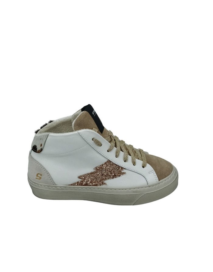 STOKTON SNEAKER MID LACCI  IN VITELLO E CAMOSCIO  COLORE BIANCO/BEIGE, TOPPONCINO MACULATO E ACCESSORIO LATERALE IN GLITTER BRO