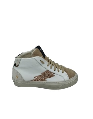 STOKTON SNEAKER MID LACCI  IN VITELLO E CAMOSCIO  COLORE BIANCO/BEIGE, TOPPONCINO MACULATO E ACCESSORIO LATERALE IN GLITTER BRO