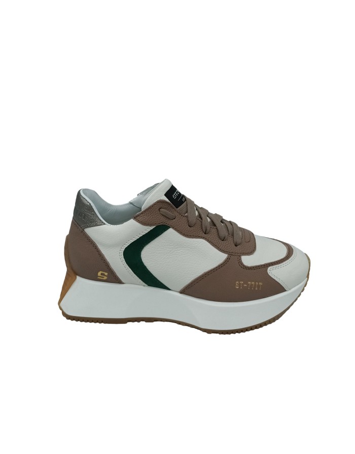 STOKTON URBAN-D SNEAKER LACCI IN VITELLO COLORE AVORIO CON RIPORTI NOCCIOLA E VERDE, TOPPONCINO BRONZO, FONDO GOMMA 4CM