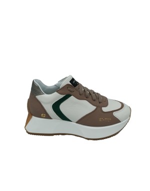 STOKTON URBAN-D SNEAKER LACCI IN VITELLO COLORE AVORIO CON RIPORTI NOCCIOLA E VERDE, TOPPONCINO BRONZO, FONDO GOMMA 4CM