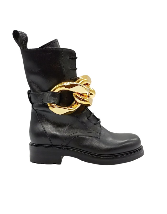 STRATEGIA/ELENA IACHI E2978 ANFIBIO IN VITELLO COLORE NERO, LACCIO CENTRALE E LAMPO LATERALE, CATENA SU ACCOLLO COLORE ORO, FON