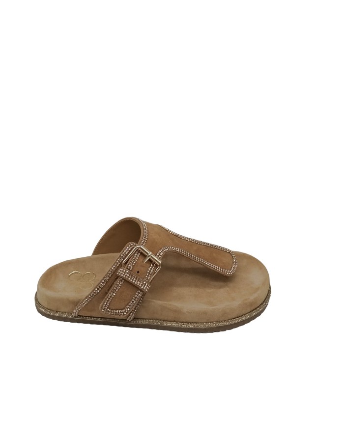 STUDIO MO DE 76, SANDALO/SABOT INFRADITO CON FIBBIA E PROFILI STRASSATI, TOMAIA IN CAMOSCIO COLORE TAUPE,  FONDO GOMMA