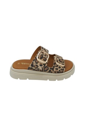 TAMARIS CIABATTA DUE FASCE IN NABUK COLORE LEOPARD, FIBBIE BRONZATE, FONDO GOMMA 4CM