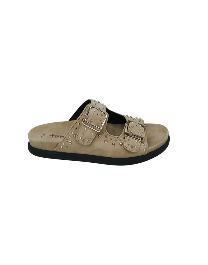 TAMARIS CIABATTA DUE FIBBIE, TOMAIA IN NABUK COLORE CAMEL CON NOTTOLINI DORATI, FONDO GOMMA 3CM