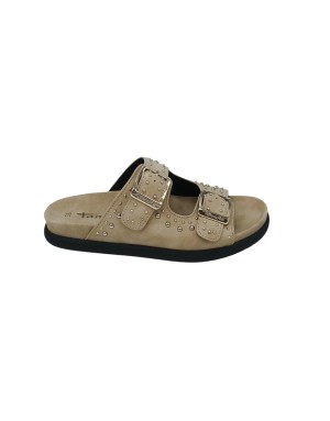 TAMARIS CIABATTA DUE FIBBIE, TOMAIA IN NABUK COLORE CAMEL CON NOTTOLINI DORATI, FONDO GOMMA 3CM