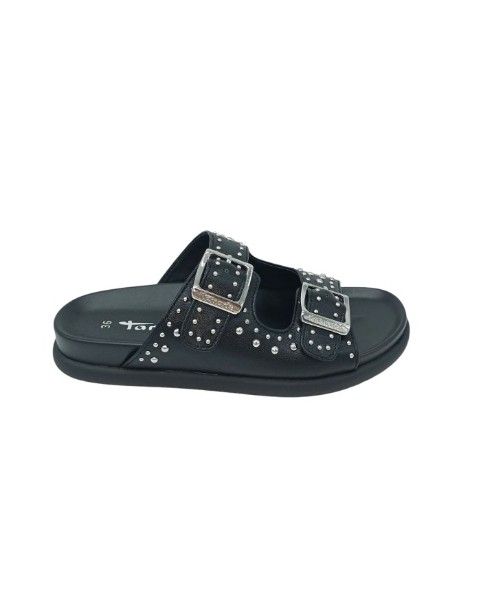 TAMARIS CIABATTA DUE FIBBIE, TOMAIA IN NABUK COLORE NERO CON NOTTOLINI ACCIAIO, FONDO GOMMA 3CM