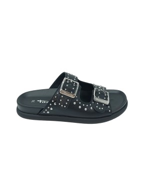 TAMARIS CIABATTA DUE FIBBIE, TOMAIA IN NABUK COLORE NERO CON NOTTOLINI ACCIAIO, FONDO GOMMA 3CM