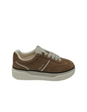 TAMARIS SNEAKER LACCI IN CAMOSCIO COLORE CAMEL CON PROFILI BEIGE, LACCIO ANGORA, FONDO GOMMA ZIGRINATO 5CM CON GUARDOLO NERO