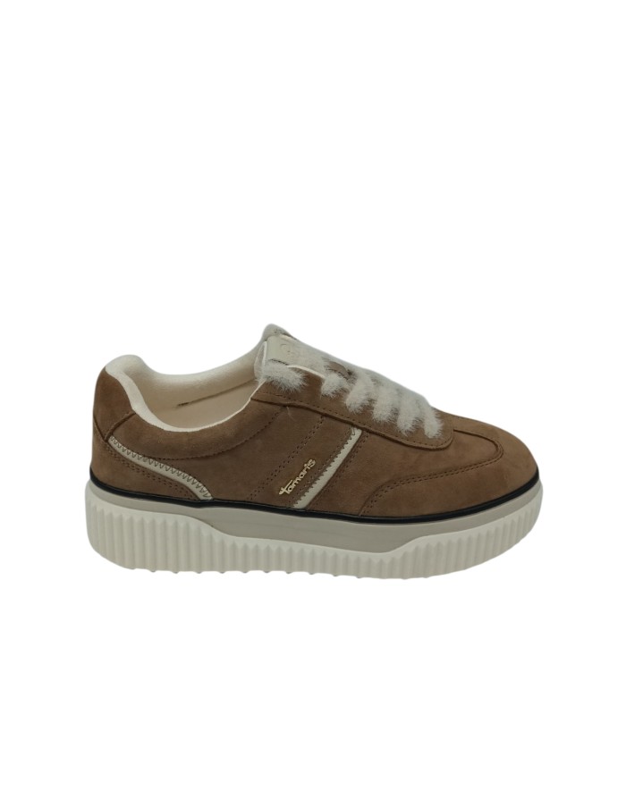 TAMARIS SNEAKER LACCI IN CAMOSCIO COLORE CAMEL CON PROFILI BEIGE, LACCIO ANGORA, FONDO GOMMA ZIGRINATO 5CM CON GUARDOLO NERO