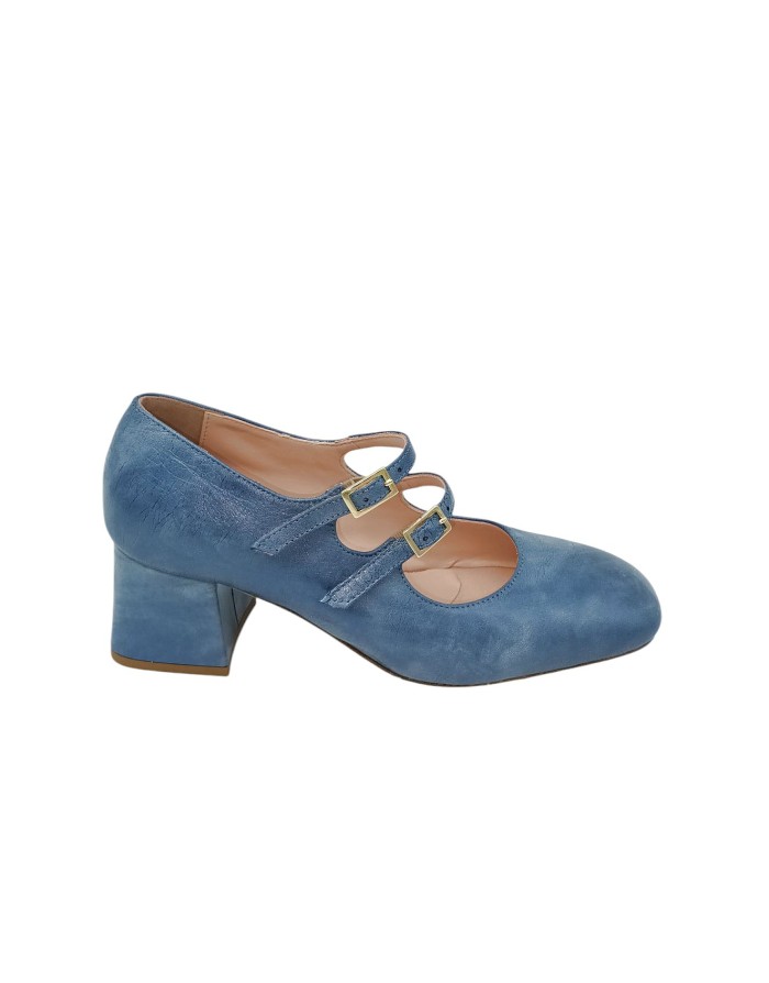 THERESA, DECOLLETE' CON DUE CINTURINI CON FIBBIETTA DORATA, TOMAIA IN NAPPA LAMINATA COLORE JEANS , FONDO CUOIO CON INSERTO GOM