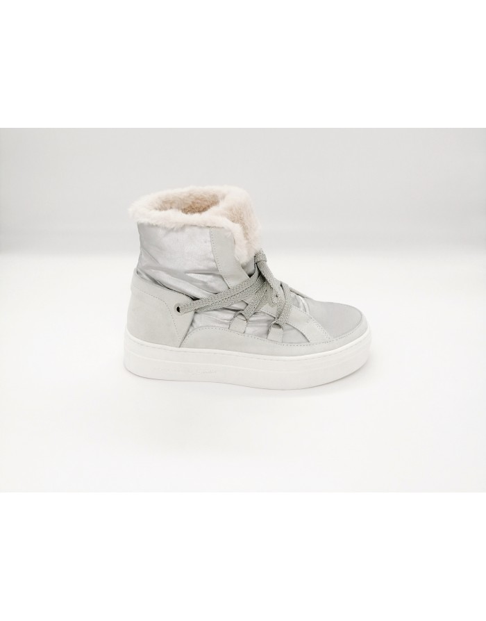 TOSCA BLU 1901S009 POLACCO LACCI IN CAMOSCIO E TESSUTO TECNICO COLORE GRIGIO/ARGENTO,LINGUETTA E COLLARINO IN LAPIN AVORIO,FOND