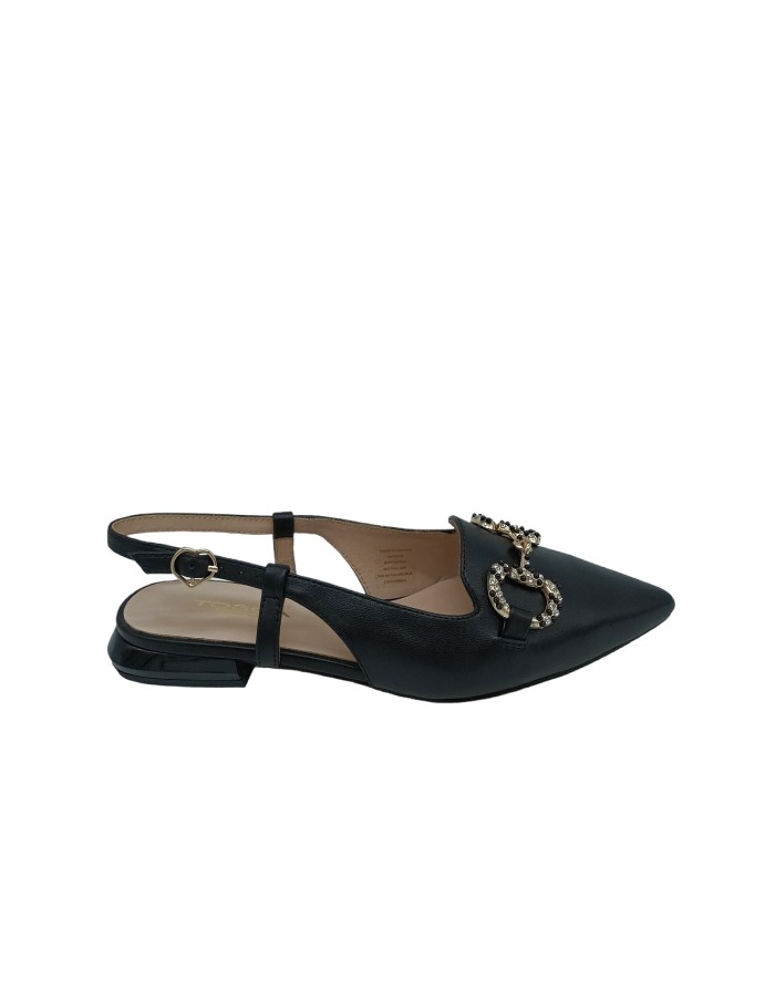 TOSCA BLU 27S161, CHANEL IN VITELLO COLORE NERO CON MORSETTO DORATO CON PIETRE NERE E STRASSE CRISTAL, TACCO SMALTATO LUCIDO2,5