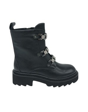 TOSCA BLU ANFIBIO LISCIO IN VITELLO COLORE NERO, LAMPO LATERALE, ACCESSORI STRASSE E ACCIAIO SULLA LINGUETTA, FONDO GOMMA CARRO